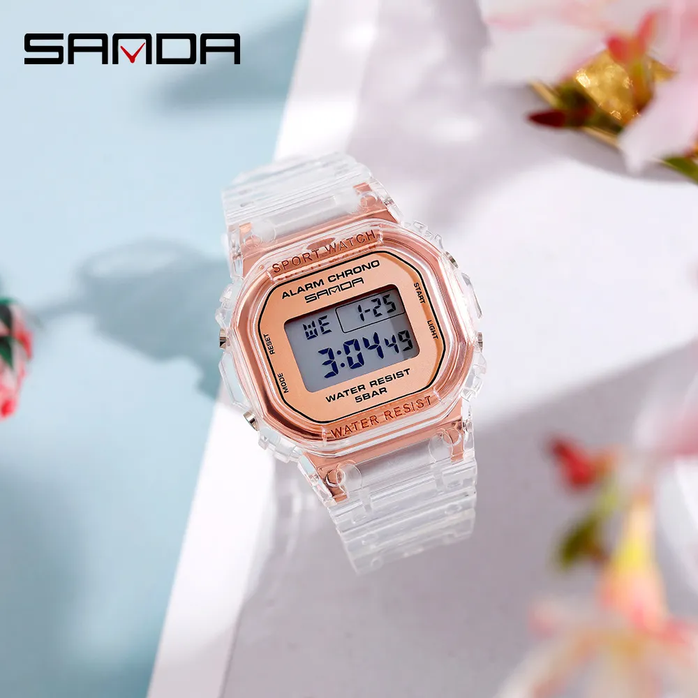 SANDA Mode Sport Vrouwen Transparante band LED Digitale Klok Dames Elektronisch Horloge Reloj Mujer Relogio Feminino 2009 201217178H