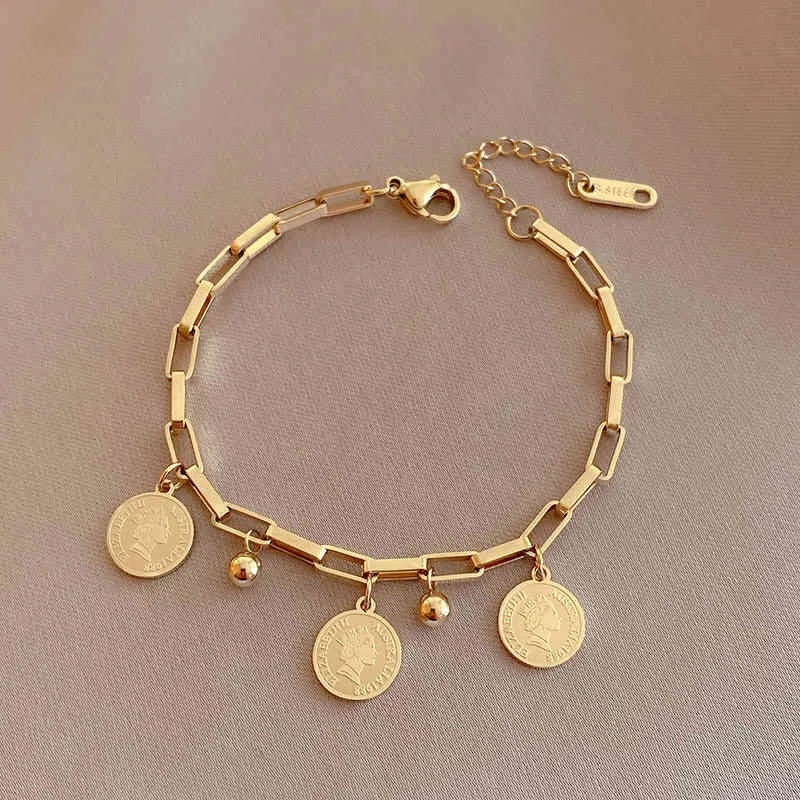 Nieuwe mode 14k gouden multilayer keten armbanden voor vrouwen parel portret munten charme armband boheemse sieraden cadeau 2021
