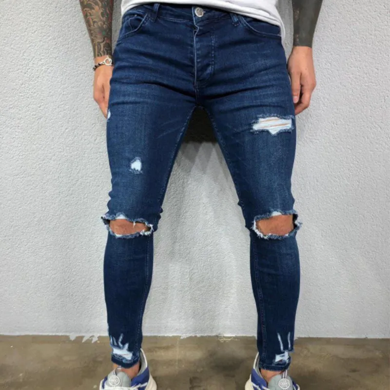 Nouveau Style pantalon déchiré coupe ajustée Stretch jean pour hommes mode décontracté Hip Hop jean F1209276n