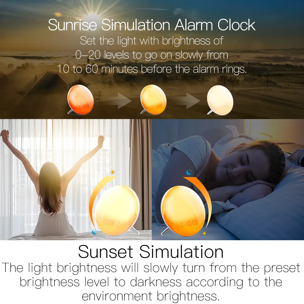 Wifi Smart Wake Up Light Workday Väckarklocka med 7 färger Sunrise / Sunset Smart Life Tuya App Fungerar med Alexa Google Home LJ200827