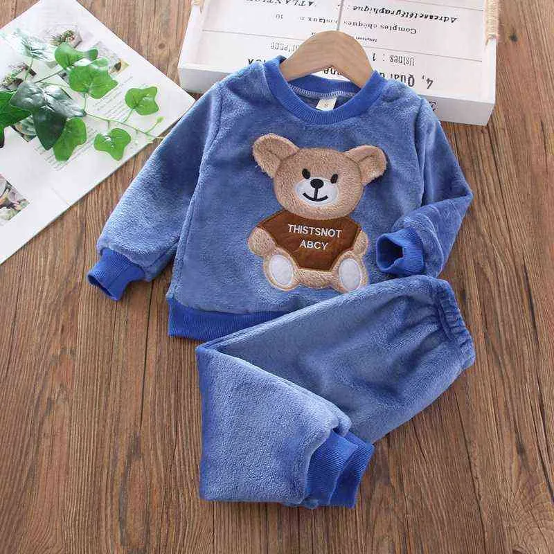 Kids Mode Kleding Sets Baby Jongen Meisje Herfst Winter Flanel Pyjama Peuter T-shirt Pant / Set Casual Homewear 211224