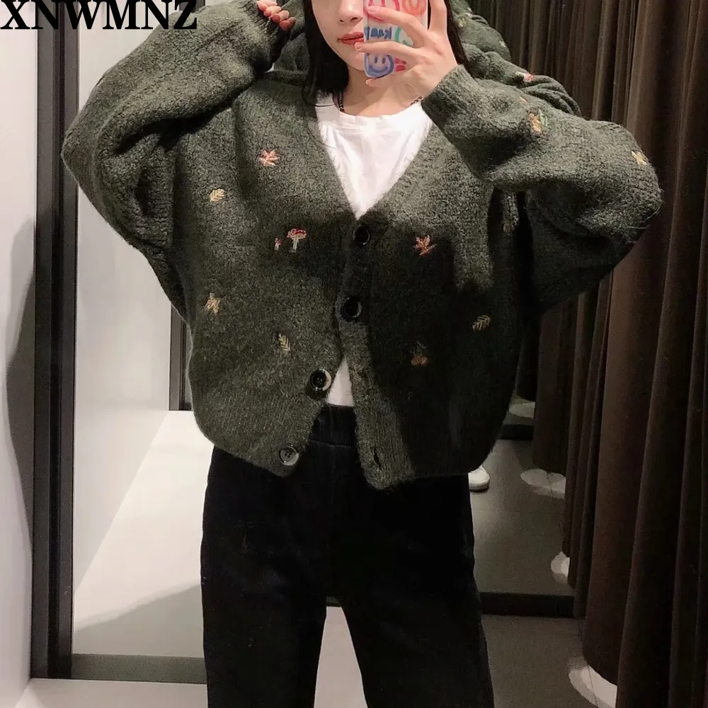 XNWMNZ Za women Vintage knit cardigan with embroidery Long sleeves V-neck ribbed trims Cardigan Female Elegant sweater Outerwear 210204