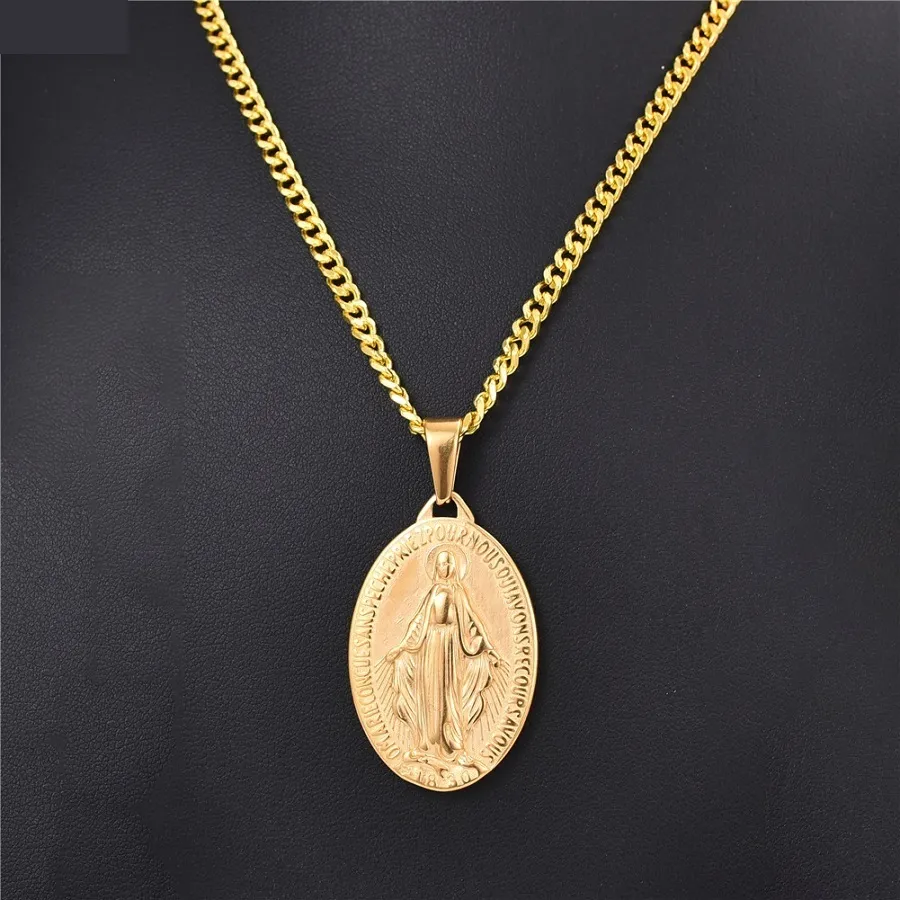 Fashion Mens 18K Gold Plodato Virgin Mary a pendente Pendant Collana Fashion Hip Designer Link Chain Punk Men Collane uomini Donne2307