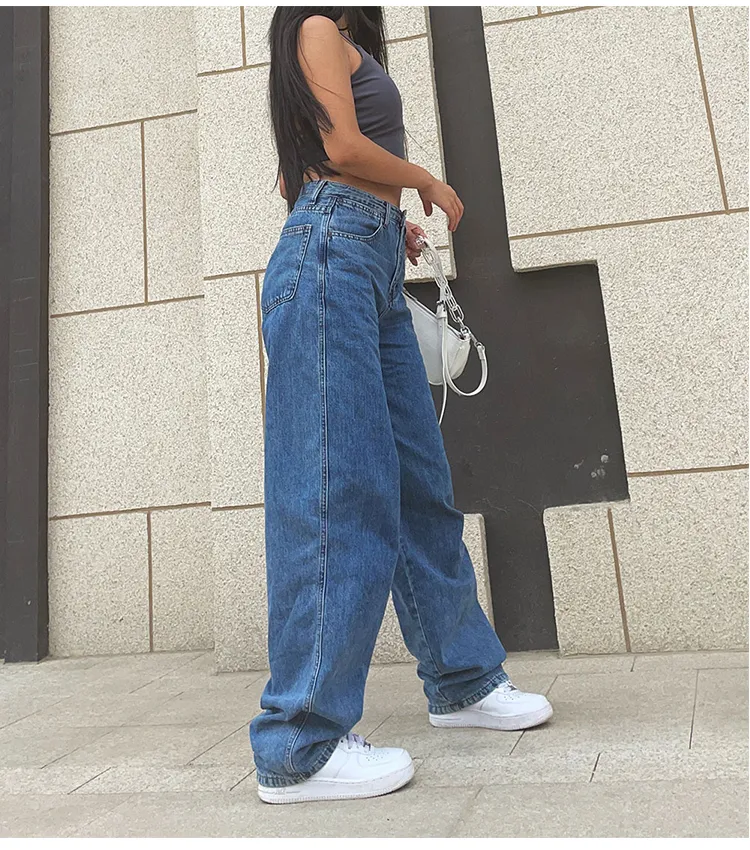 Jean bleu rétro streetwear pantalon grande taille vêtements taille haute jean mode ample jambe droite maman 220310
