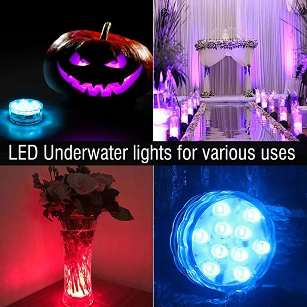 10 LED -dykningsknopplampor Akvarium Färgglada undervattensätet Vattentäta lampor Höjdpunkt Remote Control Water Tank Lights5455482