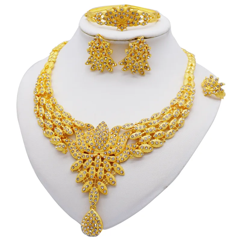 Ensemble de bijoux de couleur africaine 24K Gold pour femmes Dubai Bridal Wedding Gifts Choker Collier Boucles d'oreilles Ring Jewelry Set 22026206045