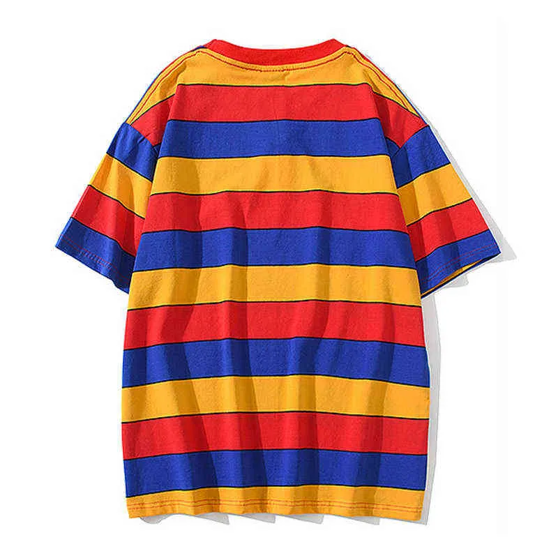 T-shirts Hip Hop décontracté hommes été arc-en-ciel couleur bloc rayure coton à manches courtes T-Shirts Streetwear Harajuku hauts G1229