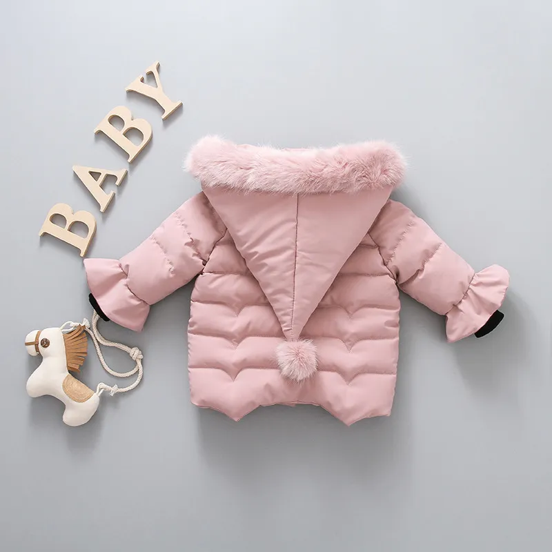 Winter girl's cotton coat jacket girl baby cotton padded thickened warm big wool collar hooded cotton jacket LJ201130