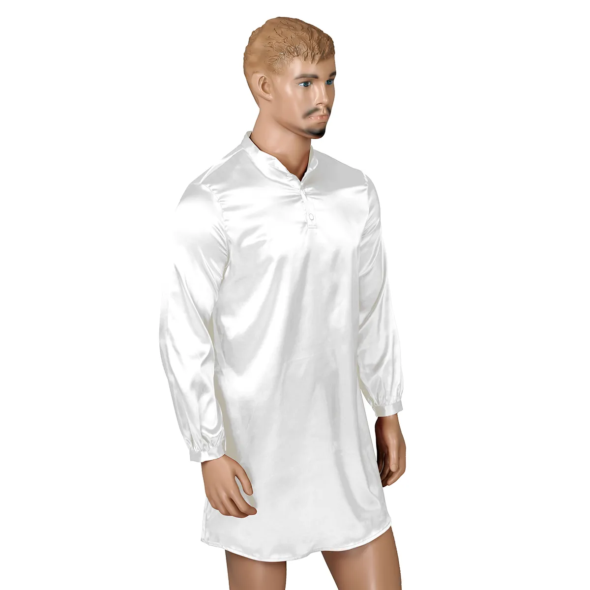 Erkek Erkek Rahat Kayma Hommes Gömlek İpeksi Saten Düğme Aşağı Uzun Kollu Pijama Katı Renk Pijama Gevşek Kazak Nightshirt C1210