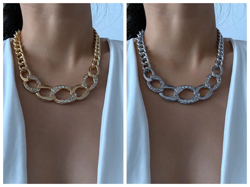 Colliers de tour de cou à chaîne de diamants en strass pour femme vintage exagéré de gros liens dorés