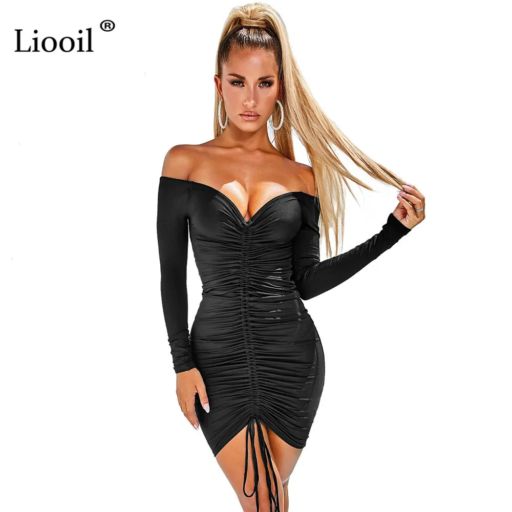 Liooil от плеча сексуальное рученное мини-платье 2021 с длинным рукавом V шеи шнурки черные белые плотные платья женщины вечеринка ночной клуб LJ201202