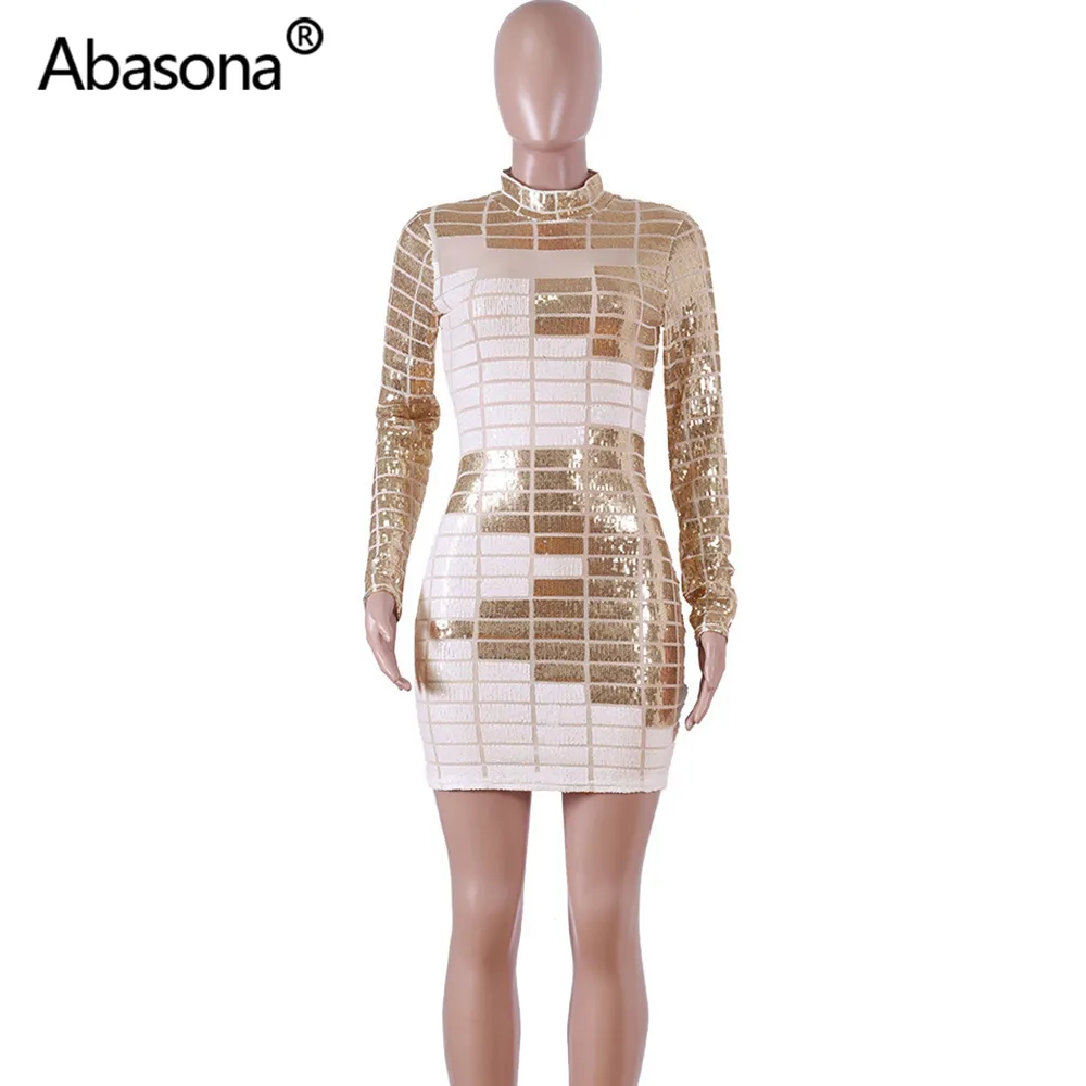 Abasona sequined bodycon vestidos sexy noturno clube verão mulheres 2021 manga completa apertada mini vestido bainha sheer malha preto f1130