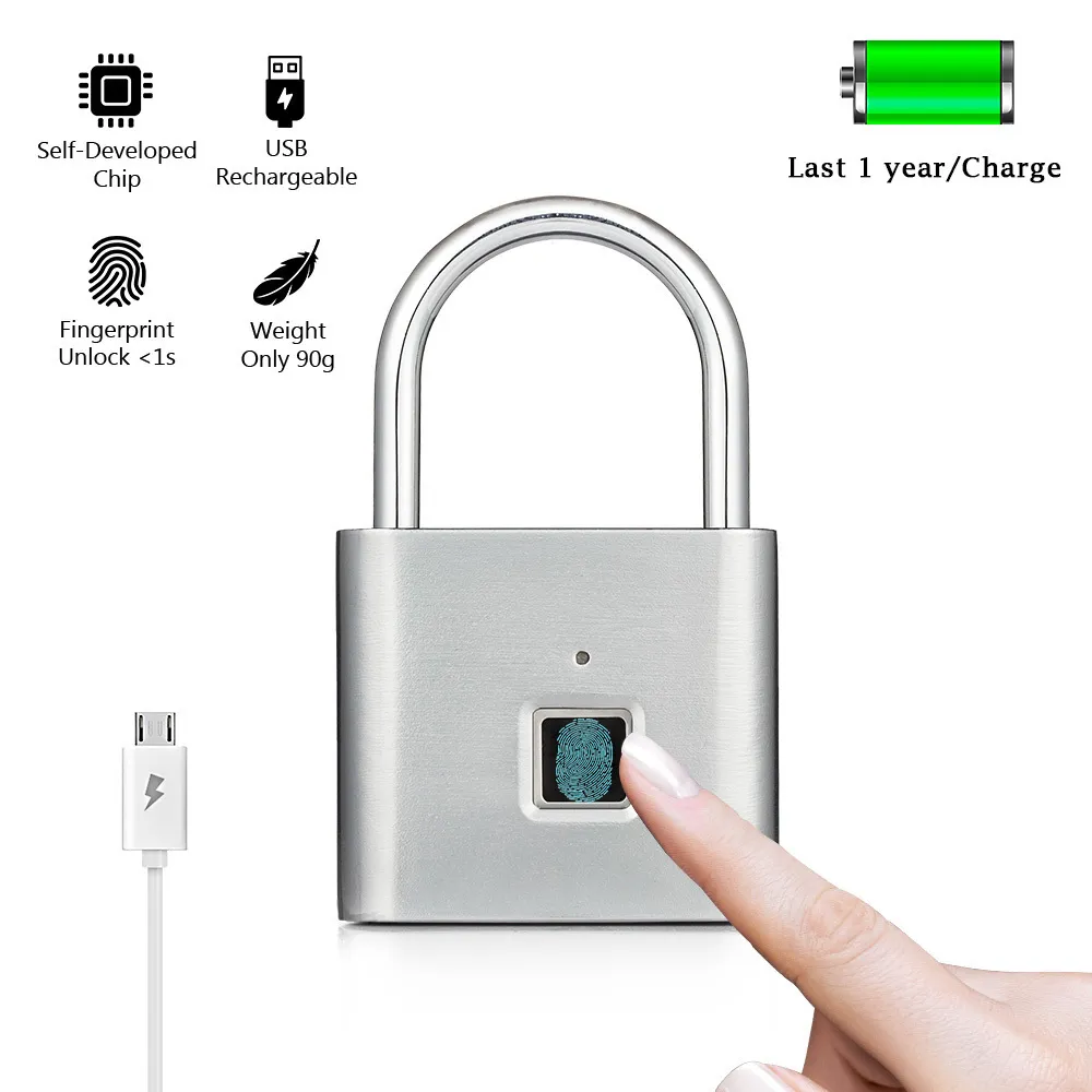 Fingeravtryck Lock Digital Door Lock Candado Huella Smart Security KeyLess USB uppladdningsbart hänglås med självutvecklande chip Y200406445769