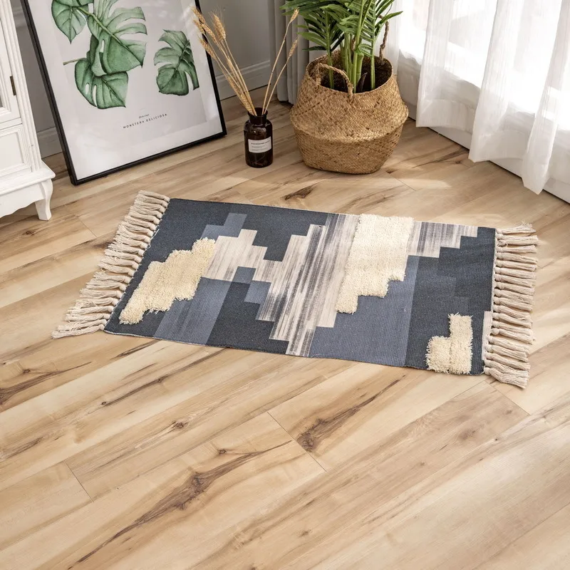 Retro Bohemian Hand Woven Cotton Linen Carpet Morocco Printed Area Rugs Tufted Tassels with Anti Skid Pad Throw Rug Bath Doormat 201214