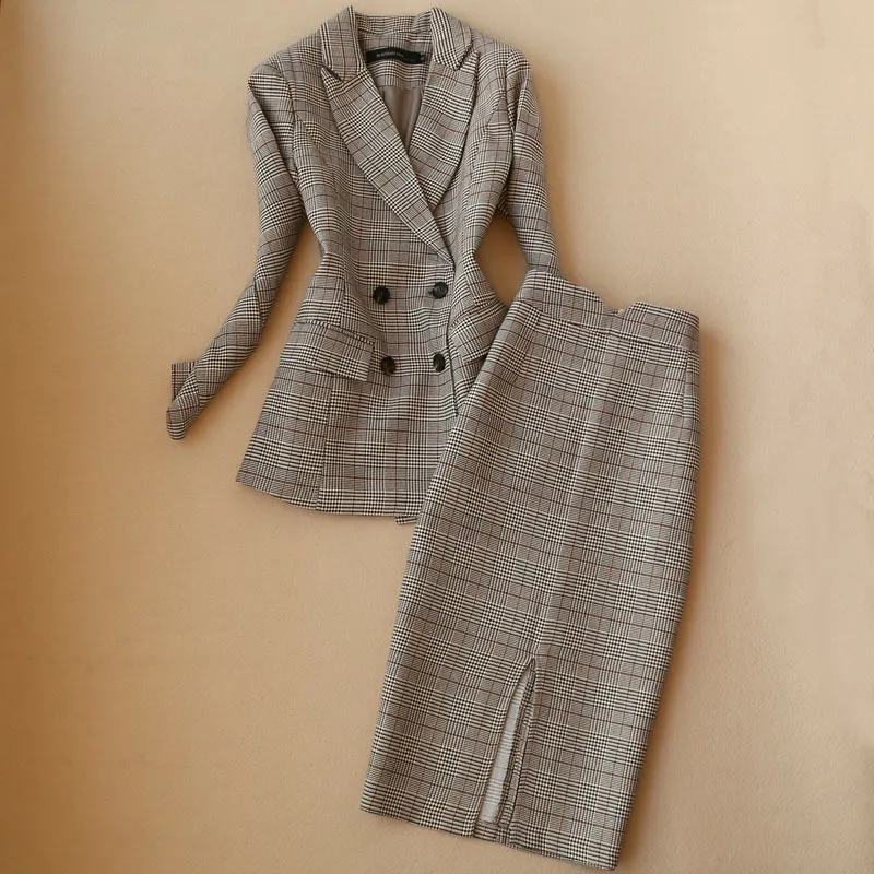 冬の高品質の女性スーツスカートセット2ピース韓国語バージョンプロの格子縞のレディースジャケットSlim 220302