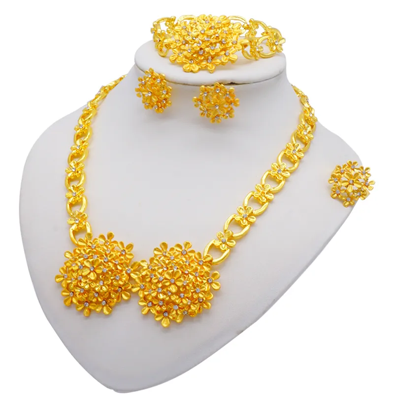 Ensemble de bijoux de couleur africaine 24K Gold pour femmes Dubai Bridal Wedding Gifts Choker Collier Boucles d'oreilles Ring Jewelry Set 22026206045