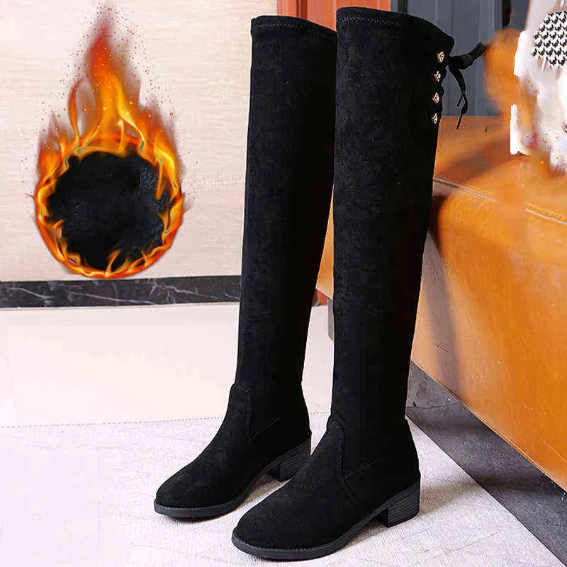 Women Over Knee-high Boots Chunky Shoes 2022 New Winter Chelsea Boots Suede Designer Luxury Brand Stretch High Boots Lady Shoes Y1209