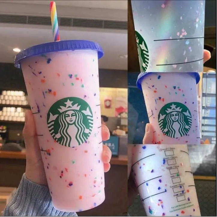 قابلة لإعادة الاستخدام Starbucks لون البهلوان تغيير حلقة كوب بارد كوب قوس قزح مع الغطاء البلاستيك Ulife