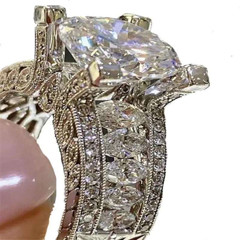 Top Sell Vintage Fine Jewelry 925 STRISTLING SREBRE MARQUISE CUT White Topaz CZ Diamond Schły Kobiet Weselna Zespół zaręczynowy Ring196b