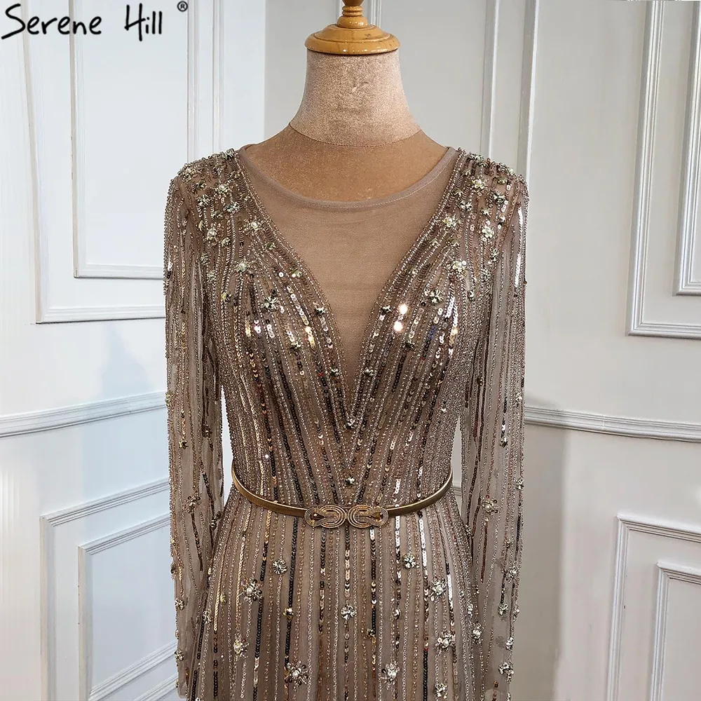Serene Hill musulmán oro una línea de lujo vestidos de noche vestidos 2020 Sparkle rebordear manga larga Sexy para mujeres fiesta LJ201125