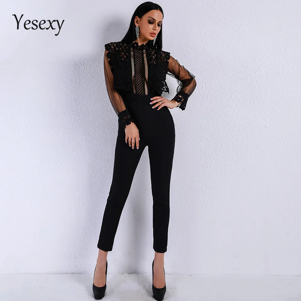 Yesexy 2020 Autumn Sexig långärmad kvinnor overaller spets se genom mesh ihåliga ut fasta färg rompers kvinnor jumpsuit VR9079 T200701