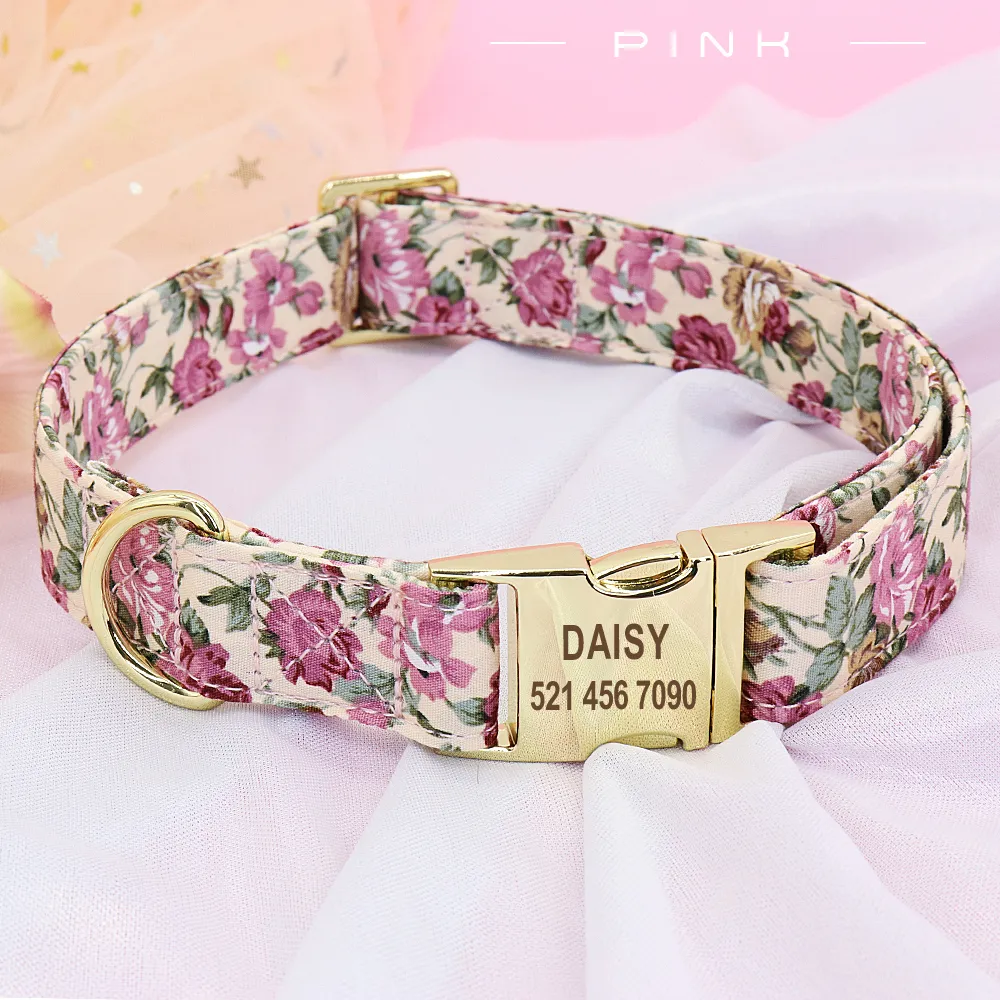 Personalized Dog Collar Nylon Tag Collars Fashion Floral Printed Pet ID Customized Nameplate for For Medium Large s Y200917