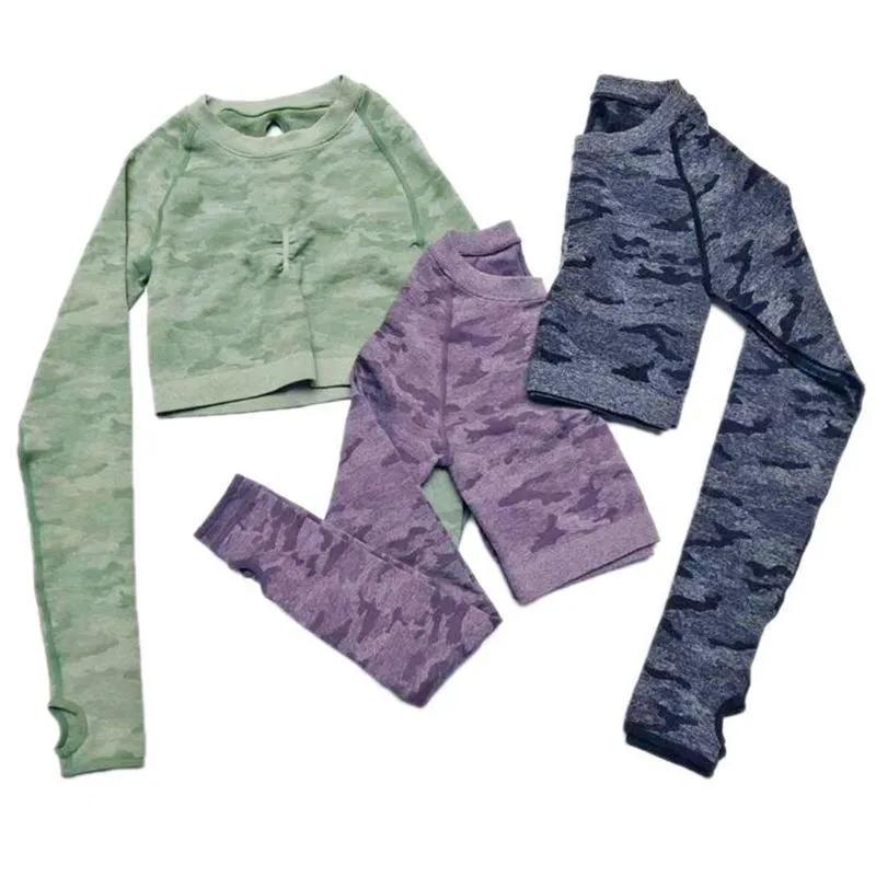 Yoga Set Women Seamless Camouflage Long Sleeves Crop Tops High midje Leggings Fitness Sports Gym Camo Suits Workout Pants T200115