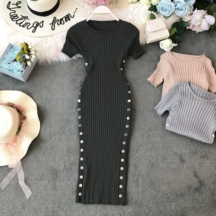 2019 Summer Women's Knitted O-Neck Short Sleeve Slim Fit Dress Side Double Row Buckle Hip Wrap Dress Ladies Sheath Dress T200526