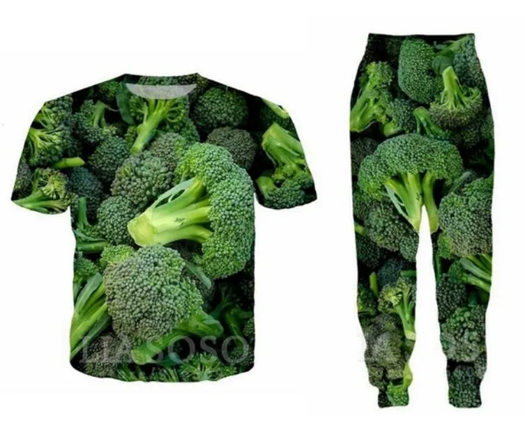 Partihandel - 2022 Nya Mode Casual Grönsaker Broccoli Bunches 3D All Over Print TrackSuits T-shirt + Joggers Byxor kostym Kvinnor Män @ 034