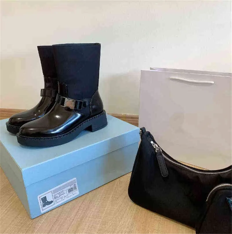 Tasarımcı Ayakkabı Kadın Kış Siyah Kısa Çizmeler Kemer Toka Platformu Ayakkabı Batı Çizmeler Slip-On Naylon Botas Femininas Boyutu 35-41 Y1209