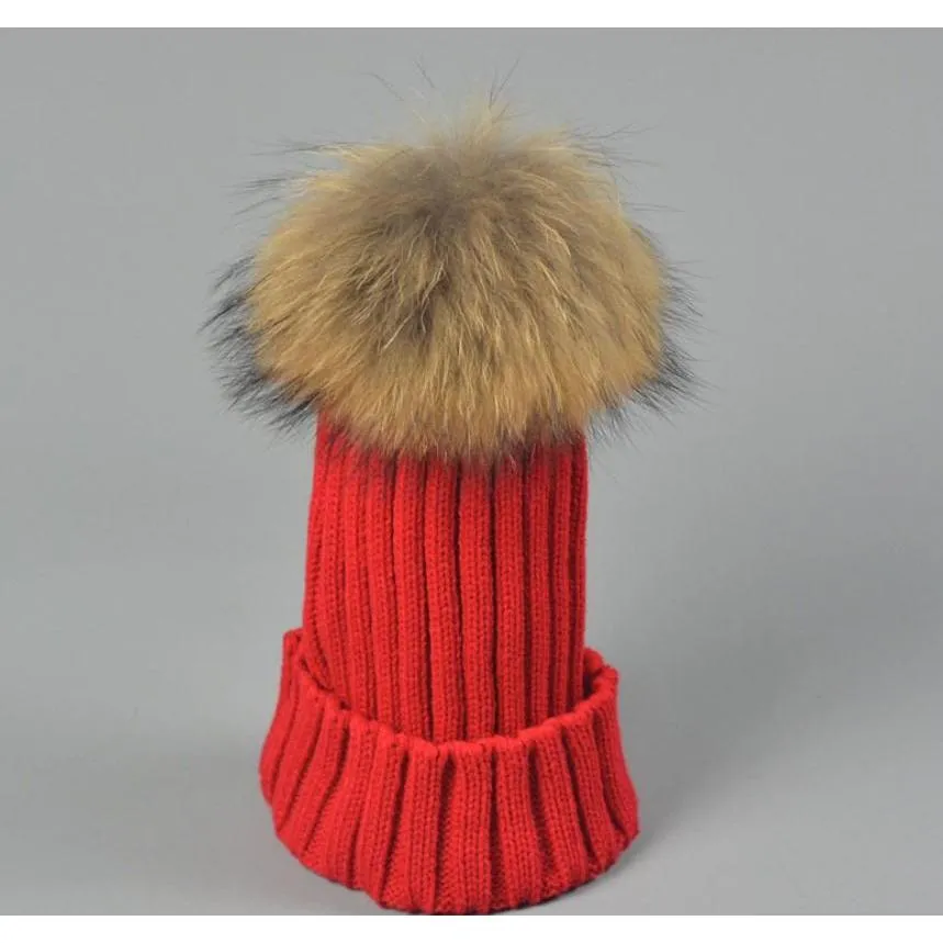 Designer dames tricoté bonnets côtelés avec de vrais raton laveur chien boule de cheveux enfants fantaisie plaine fourrure Pom chapeaux d'hiver femmes K wmtuAT Lucky259n