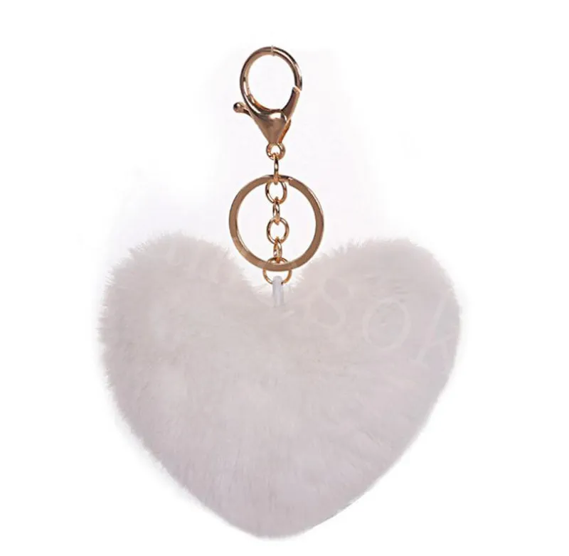 Mode skarvning hjärta boll pom pom nyckelchain fluffy faux kanin päls pompom nyckelchain kvinnor väska charms prydnad jul nyckeling db310