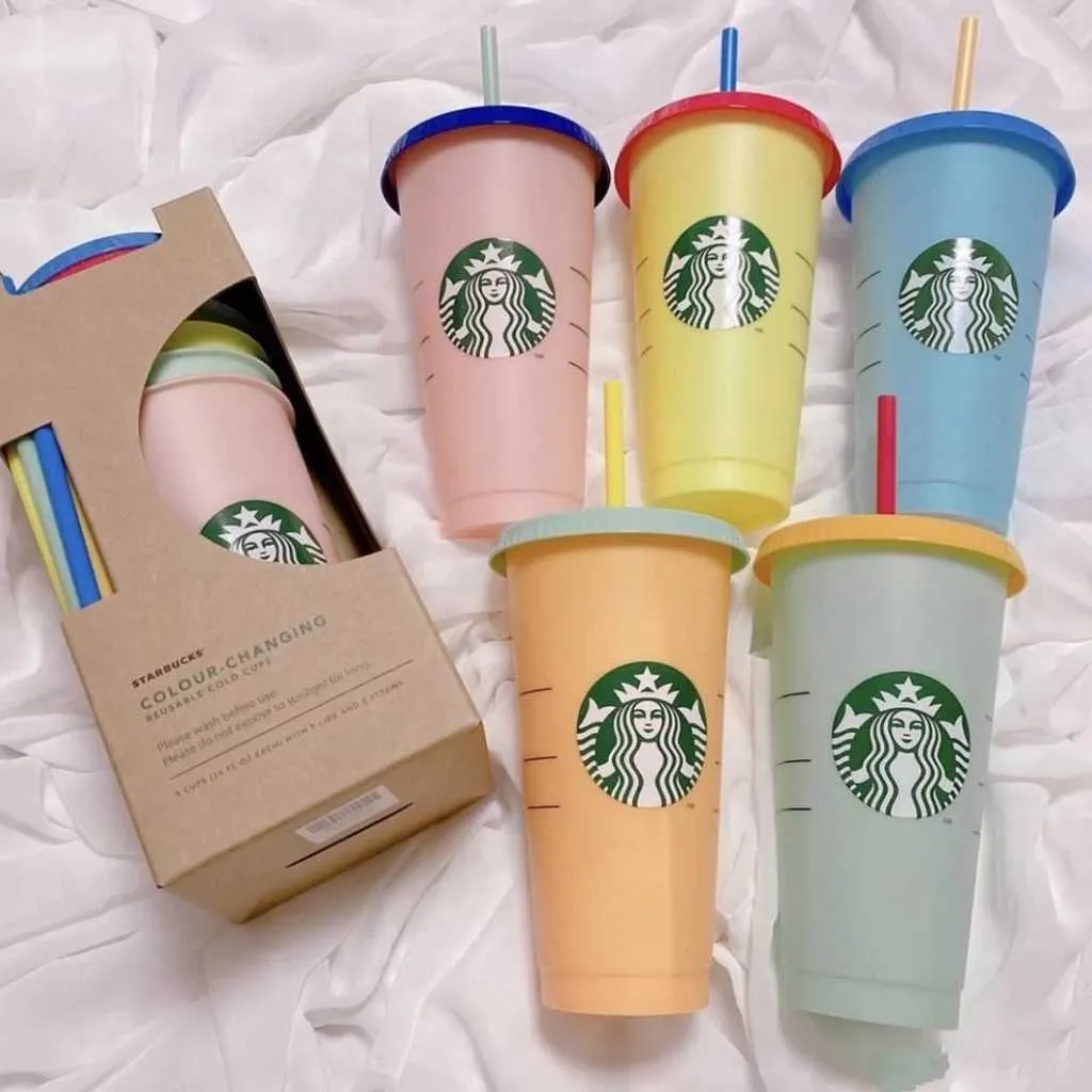 Starbucks färgbyte koppar färg återanvändbar kopp tumbler med lock kall koppar plast kopp sommarsamling Starbucks vin fuunyhome