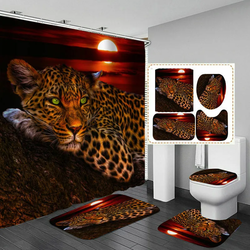 180x180cm 1st/3st Moon Leopard Flower Leopard Cheetah m/12 krokar Badrum Duschgardin Toalettmatta Lock Matta Gardinset LJ201128