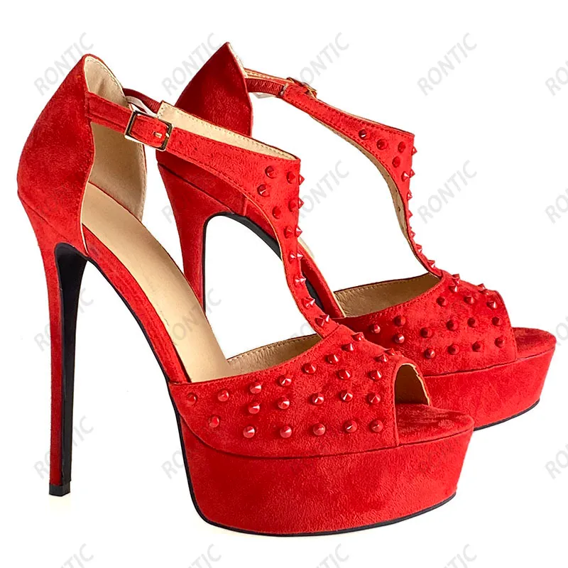 Rontic Hot Handgjorda Kvinnor Plattform Sandaler T-rem Sexig Studded Stiletto Heels Open Toe Gorgeous Red Party Shoes US Storlek 5-20