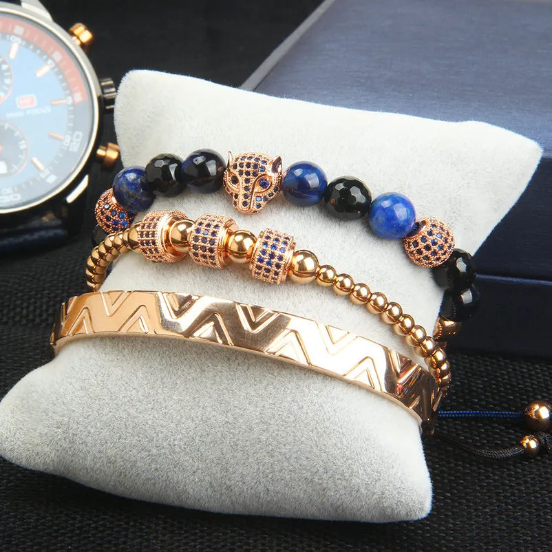 Mode 3 stks set Crown Bangel armband mannen en vrouw luipaard vlechten armband roestvrijstalen armbanden blauw cz sieraden223o