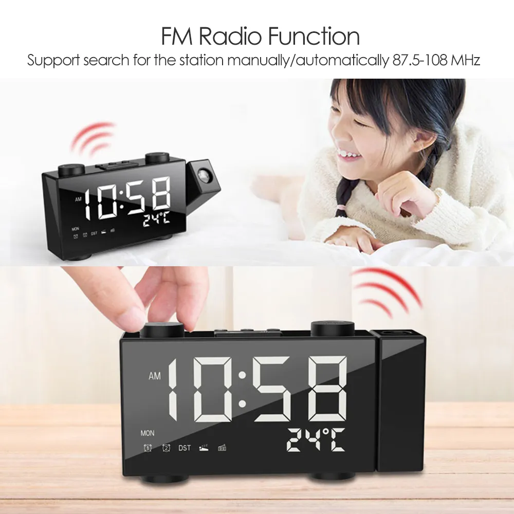 Digital Wecker Projektion FM Radio Wecker 4 Helligkeit Einstellung USB Dual Wecker mit Snooze -Funktion LJ2008278376824