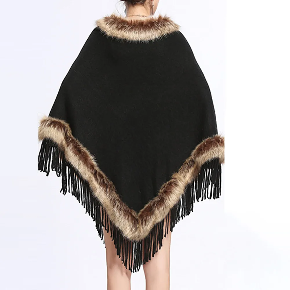 Bureau Noir Élégant Cape Pull Fourrure De Renard Gland Cape Femmes Hiver Tricoté Cape Lâche Boho Poncho Capes Châle Chandail Manteau 201210