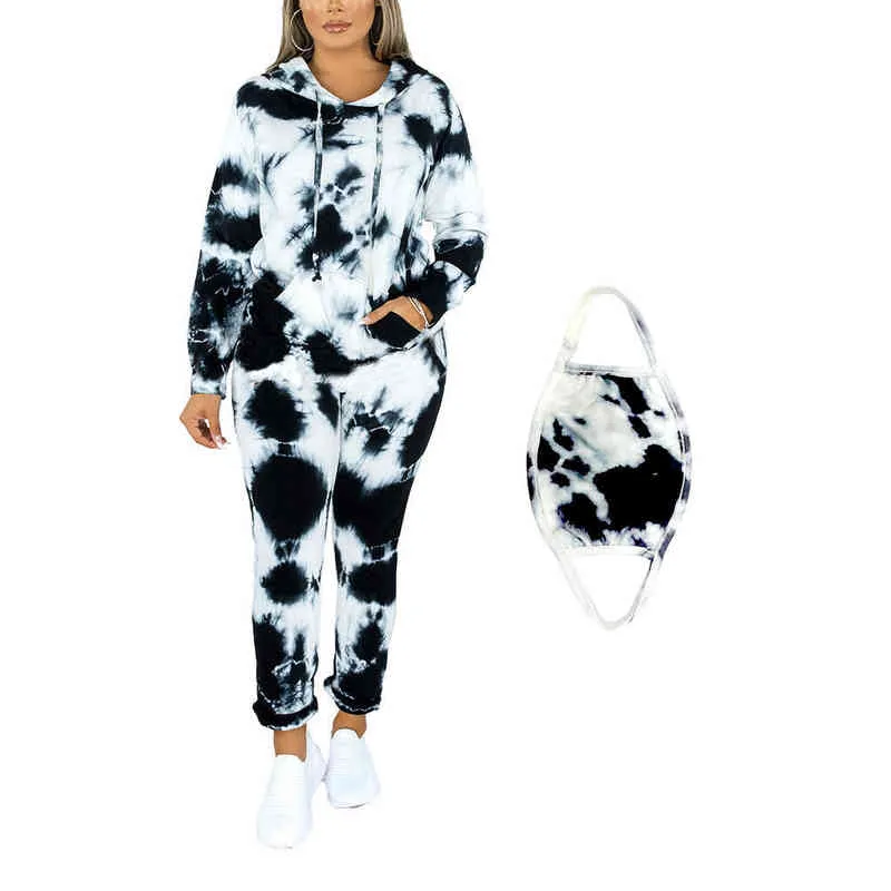 Women's Marble Tie Dye Sweatsuit and Hoodies Tracksuit Sweatpants Pullover Joggers Casual Set 211221