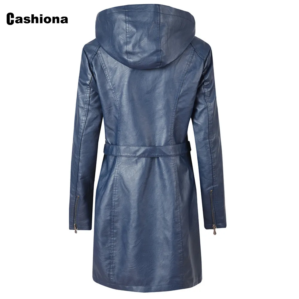 Cashiona 2020 New Faux Pu Giacche lunghe in pelle Donna Autunno Capispalla con cappuccio Cerniera Cappotti invernali Felpe con cappuccio giacca più velluto LJ201012