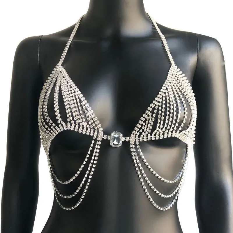 Super Flash bijoux de corps strass ventre chaîne ensemble coincé diamant gland costume Sexy plage Bikini costume
