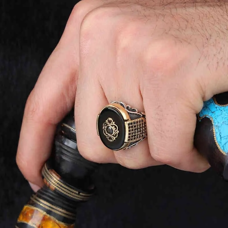 Retro ręcznie robiony turecki pierścień dla mężczyzn Vintage podwójne miecze Czarne pierścienie cyrkon