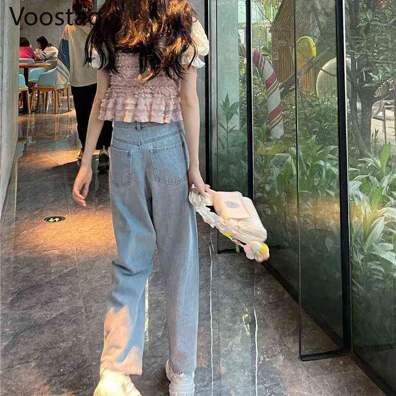 Zoete hoge taille denim broek vrouwen chique liefde hart ruches uitgehold breed beenbroek jeans vrouwelijke streetwear rechte broek 211216