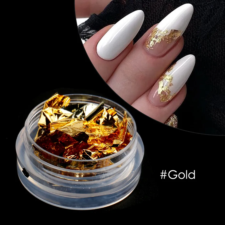 2 Bottles Gold Foil for Nails Golden Glitter Design Gold Foil Fragments and  Irregular Gold Flakes for Nails 3D Glitter Nail Sequins Decoration