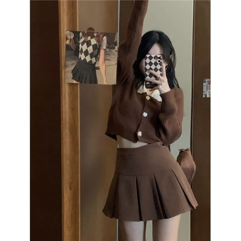 Houzhou Vintage Brown Pleate Skirt Women Autumn Corean Style Y2K High CHERED A-LINI