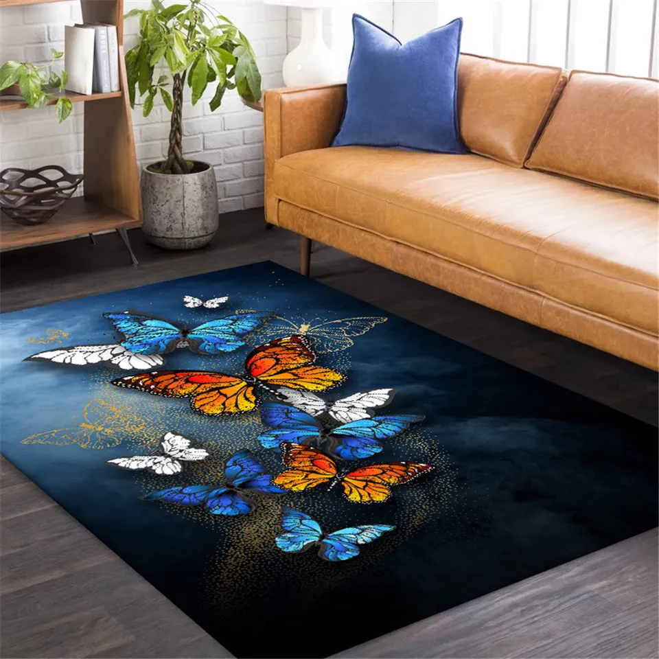 Europäischer Stil Blauer Schmetterling Großer Teppich Klassisches Wohnzimmer Schlafzimmer Teppich Nordische Küchenteppiche Rutschfeste Matte neben Teppichen 201225