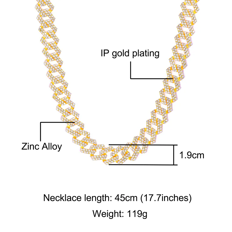 Hip Hop 20mm Gold Heavy Miami Prong Full Iced Out Out Out Rhinestones Cos Cz Bling Rapper Netclaces for Men Jewelry J12238O