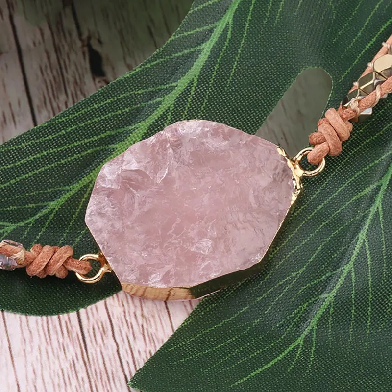 Pulsera de piedra Natural, pulseras envolventes de cuero de cuarzo rosa para mujer, gemas rosas, cuentas de cristal, joyería Bohemia F12114527783