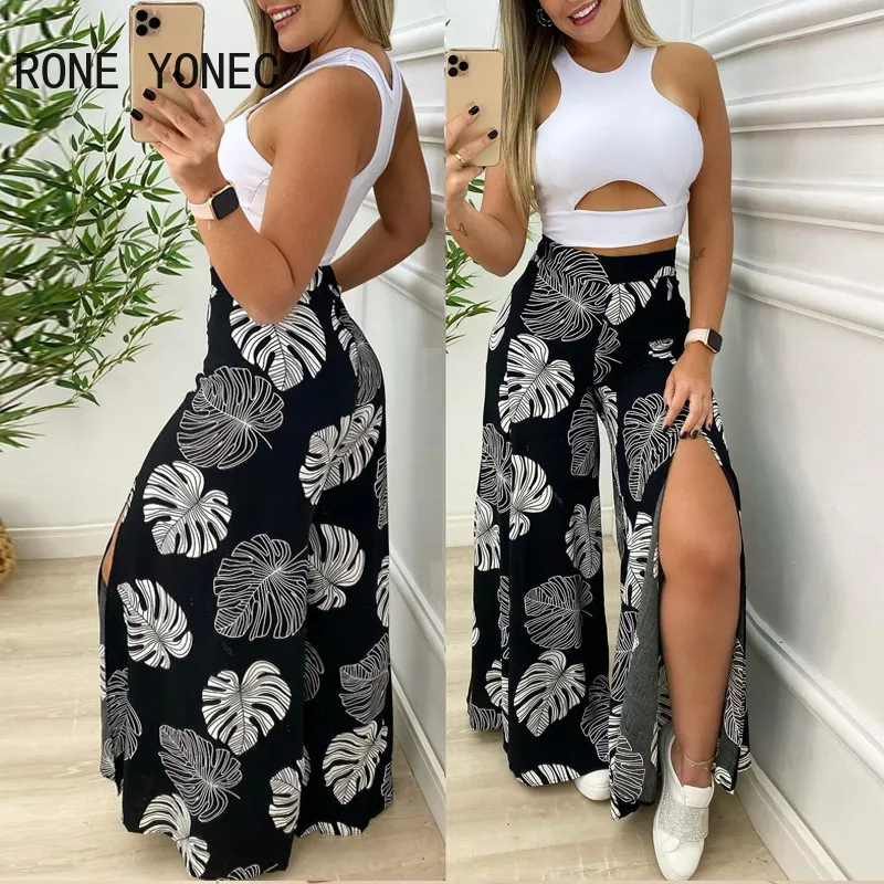 Kvinnor Solid Cut-Out Tank Topical Print Split Wide Ben Pants Set Summer Suit 220302