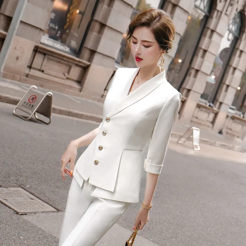Wysokiej jakości swobodny garnitur damski dwuczęściowy zestaw nowy letni elegancki damski biały blezer kurtka biznesowa t200818